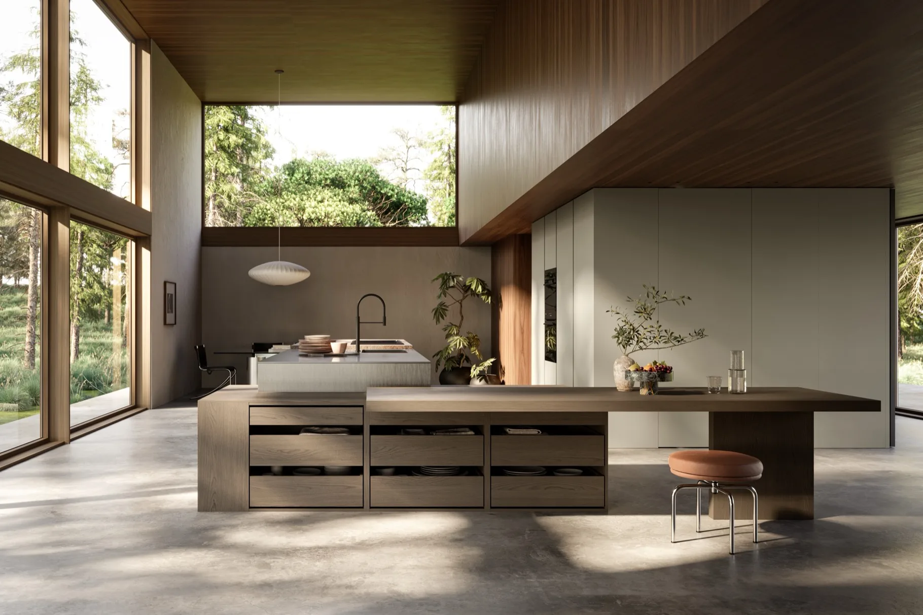 Cocina Doimo D12 en madera con isla y ventanal al bosque